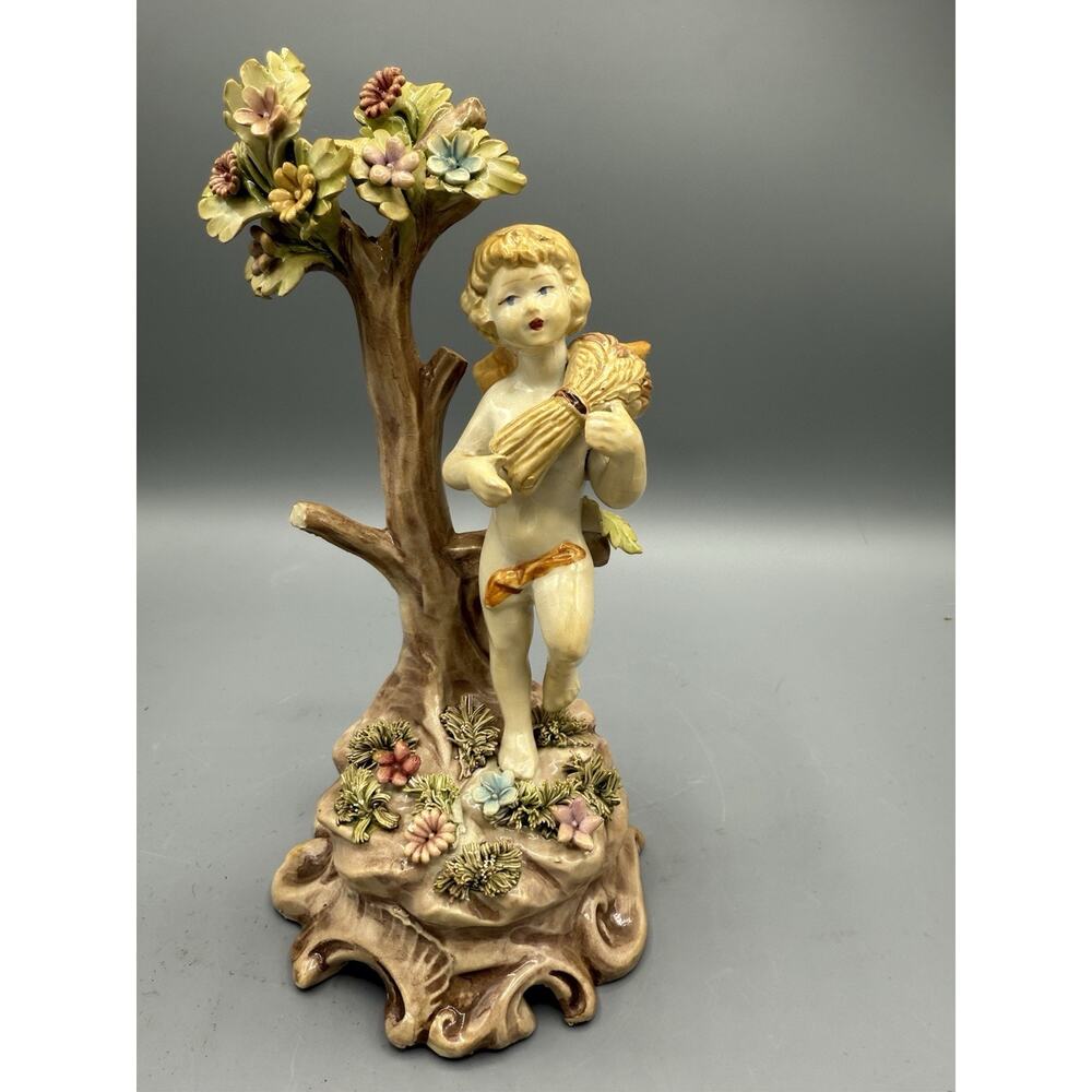 Vintage Capodimonte Cherub Angel Figurine w/ Flowers & Tree Italy 9” Tall